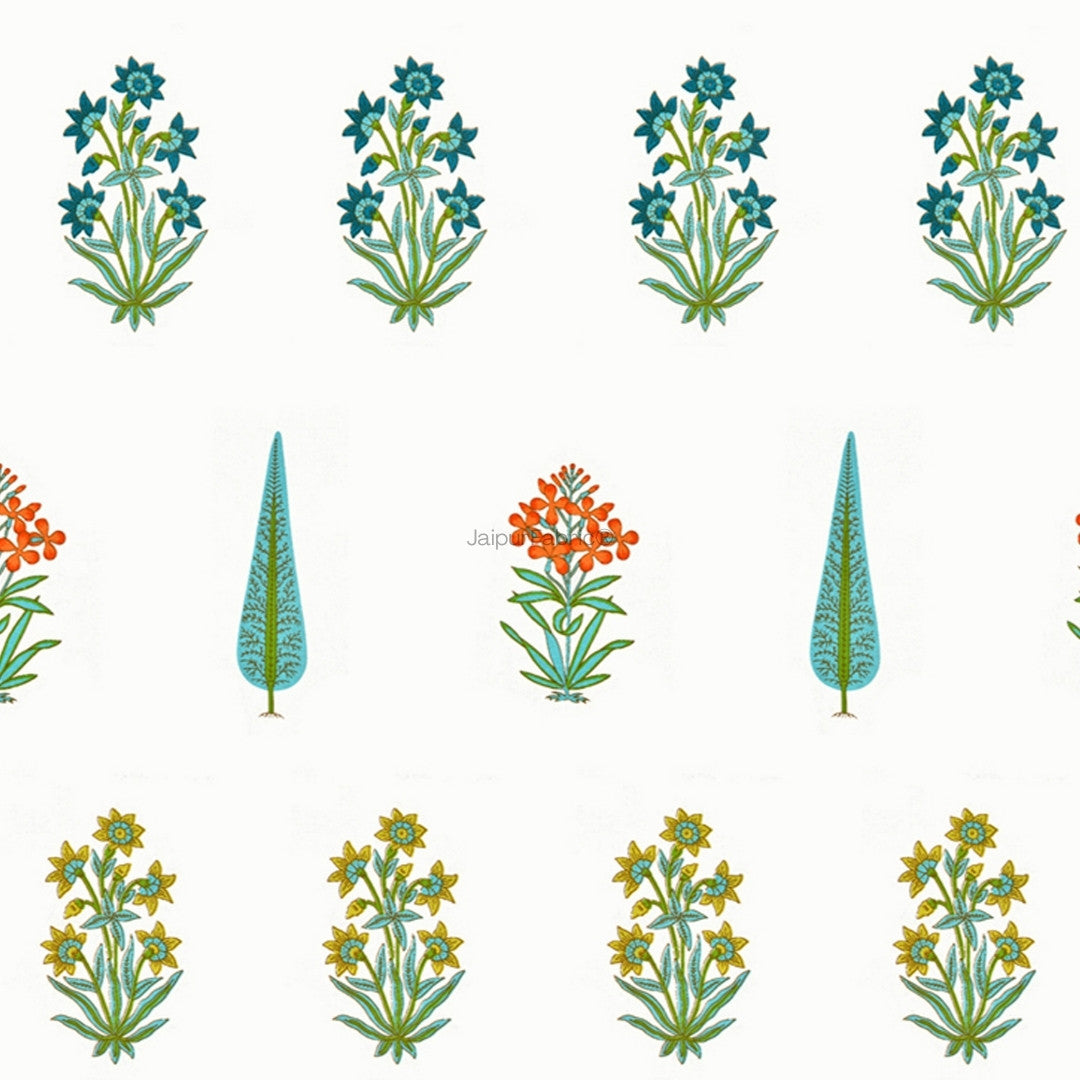 Jaipur Mela Hand Block Printed Sea Green Trees and Flowers Curtains (Pack of 2)