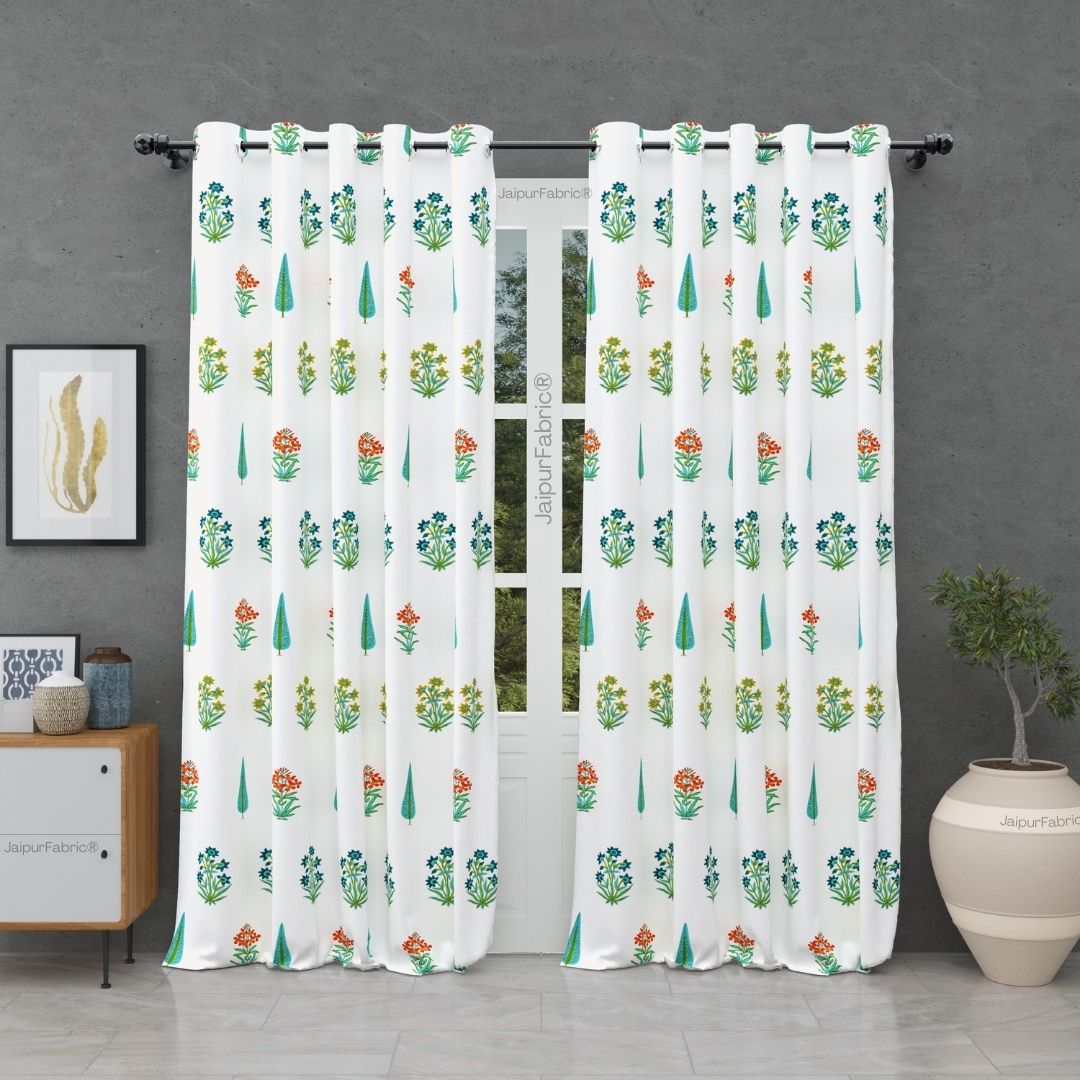 Jaipur Mela Hand Block Printed Sea Green Trees and Flowers Curtains (Pack of 2)