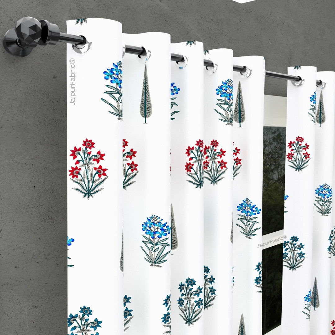 India Blocks of Red Blue Flowers Grey Leaves Block Printed Curtains (Pack of 2)