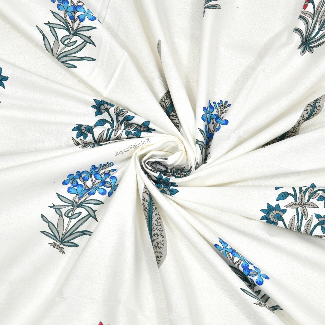 India Blocks of Red Blue Flowers Grey Leaves Block Printed Curtains (Pack of 2)