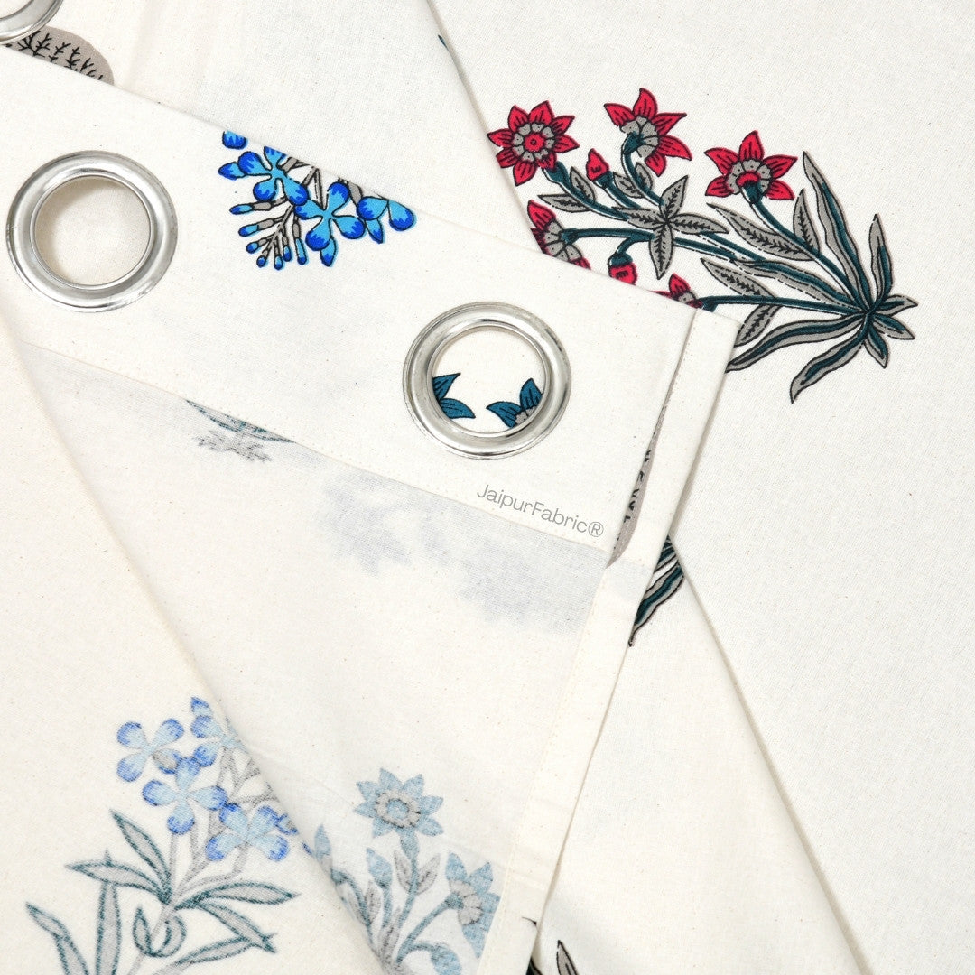 India Blocks of Red Blue Flowers Grey Leaves Block Printed Curtains (Pack of 2)