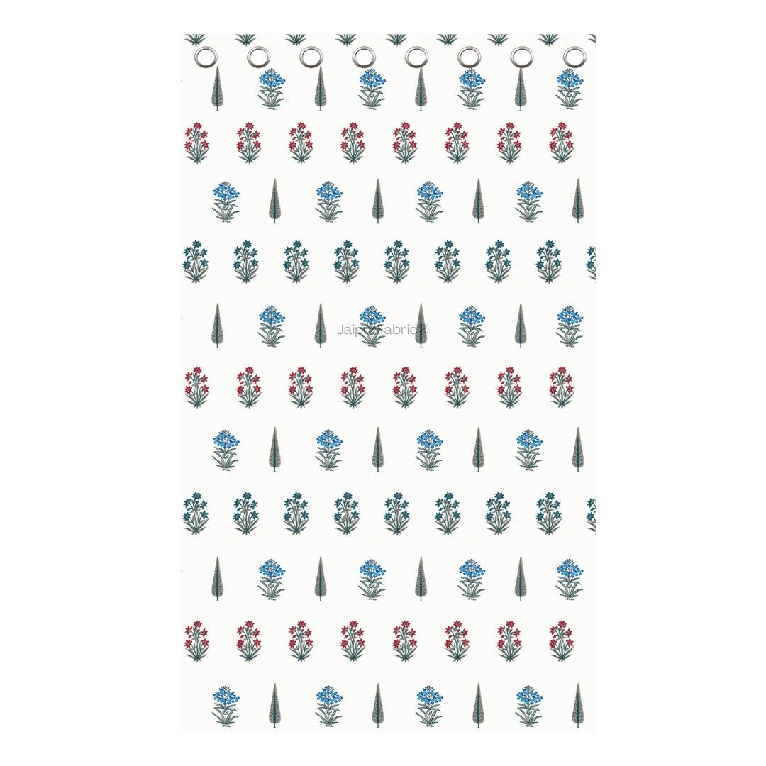 India Blocks of Red Blue Flowers Grey Leaves Block Printed Curtains (Pack of 2)