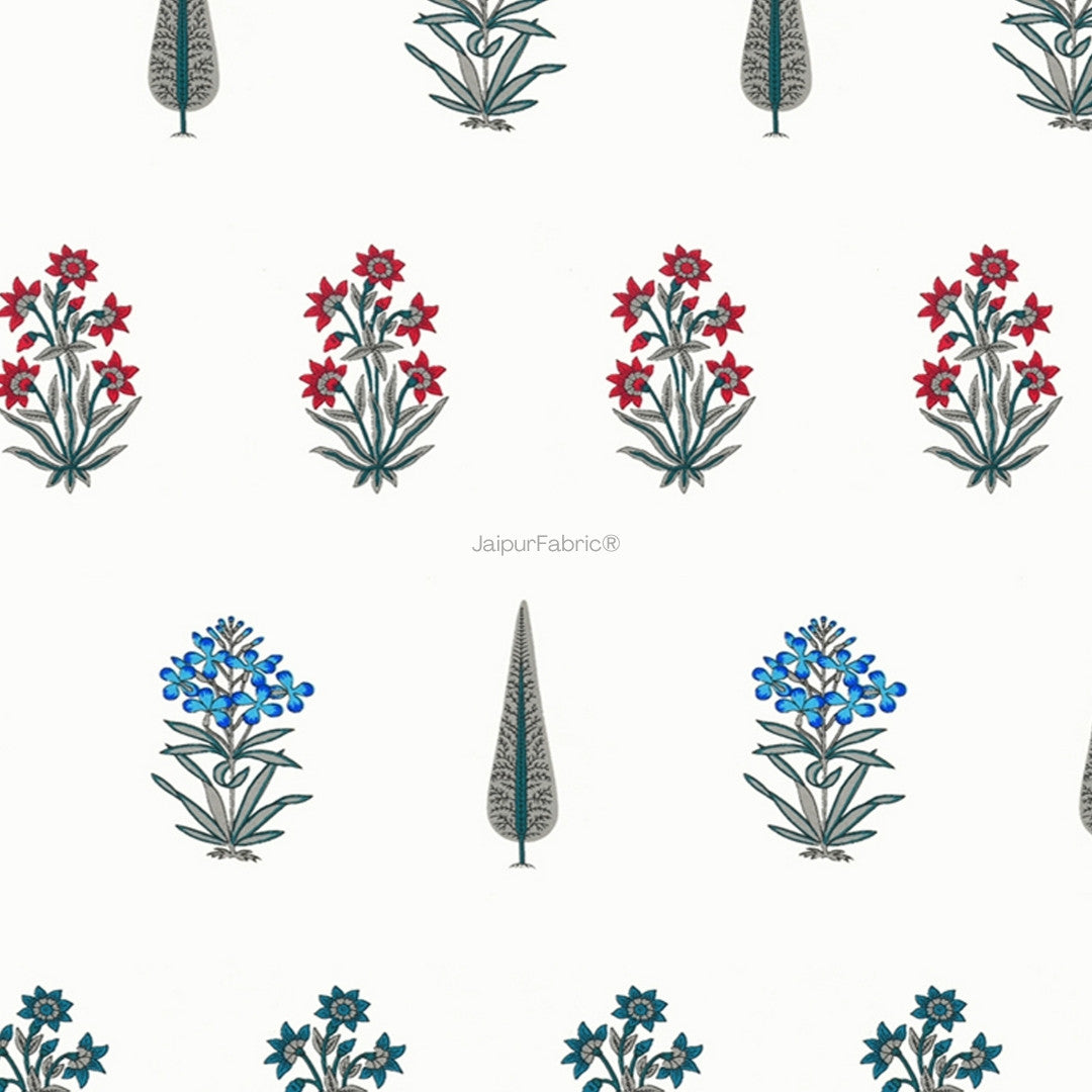 India Blocks of Red Blue Flowers Grey Leaves Block Printed Curtains (Pack of 2)