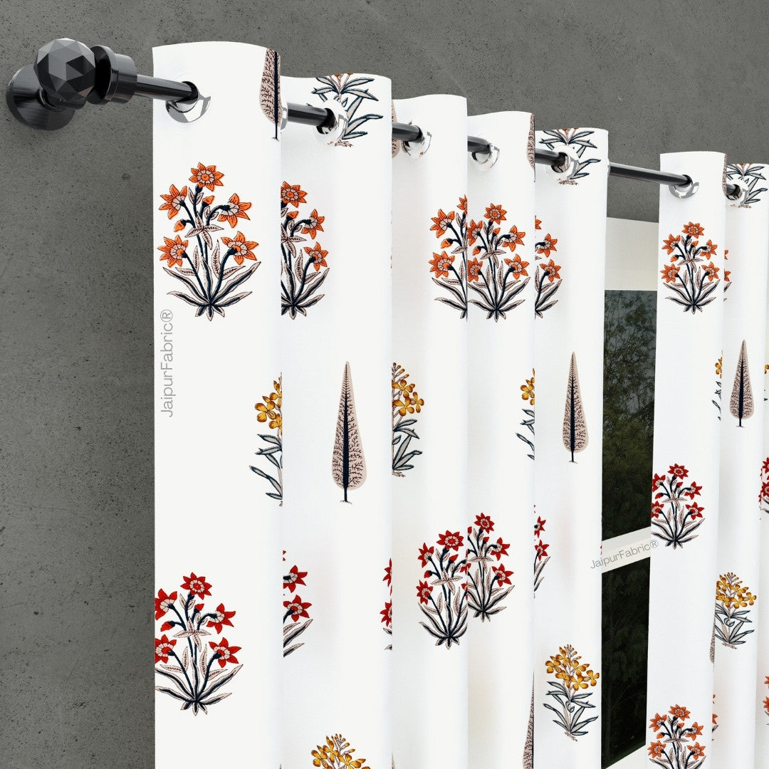 Pink Mustard Flowers Brown Leaves Jaipur Dharohar Boota Print Curtains (Pack of 2)
