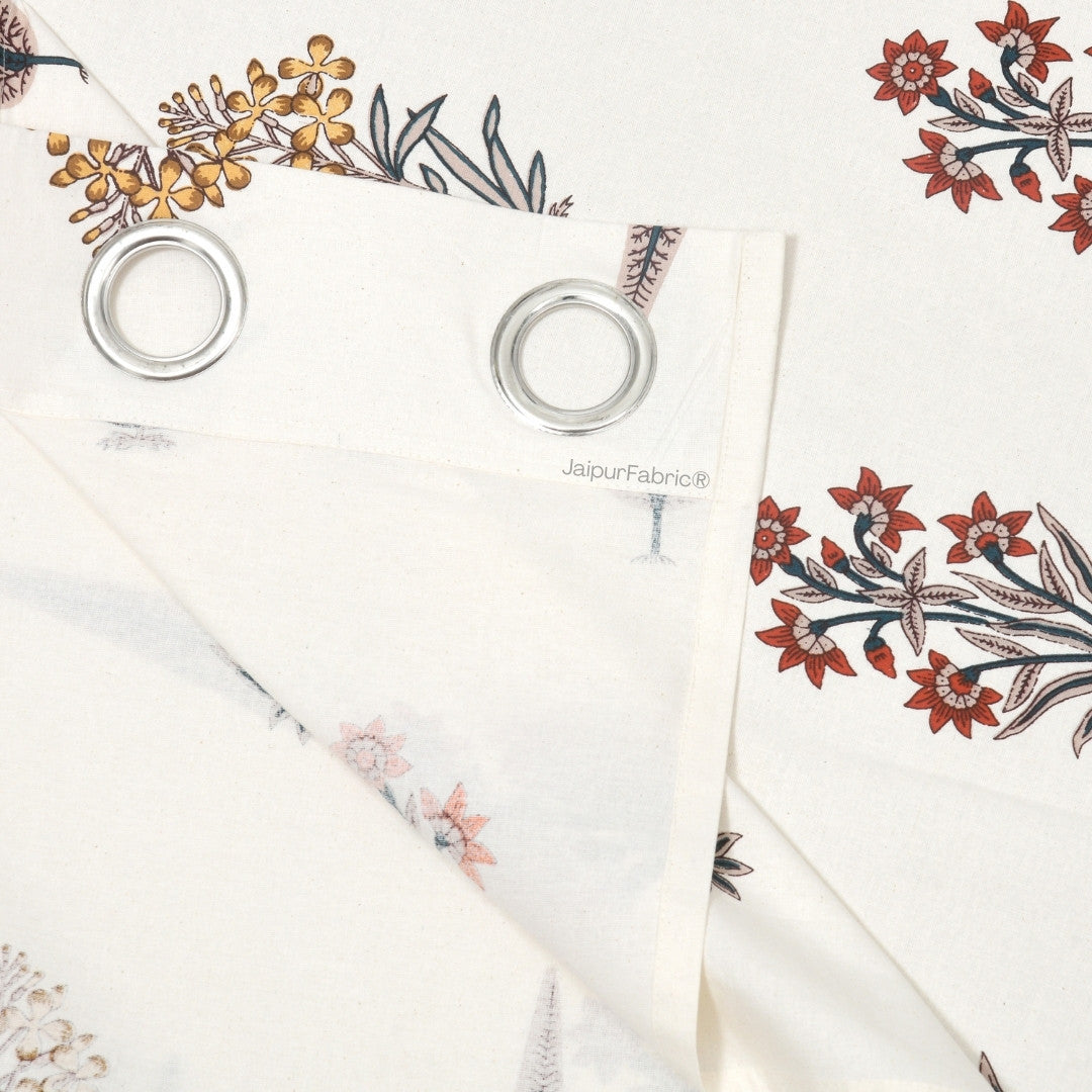 Pink Mustard Flowers Brown Leaves Jaipur Dharohar Boota Print Curtains (Pack of 2)