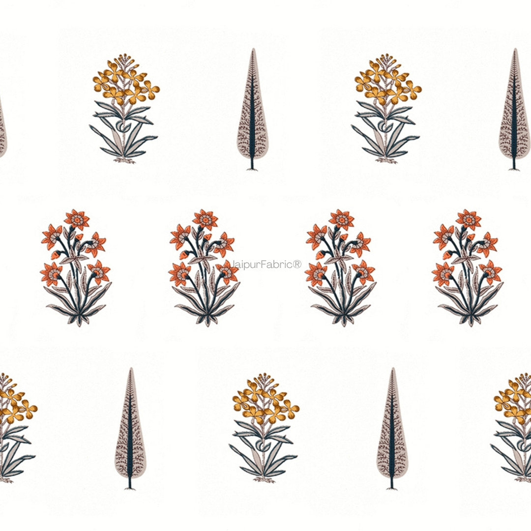 Pink Mustard Flowers Brown Leaves Jaipur Dharohar Boota Print Curtains (Pack of 2)