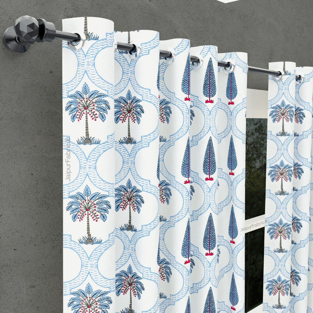 Jaipur Mela Hand Block Printed Blue Trees and Flowers Curtains (Pack of 2)