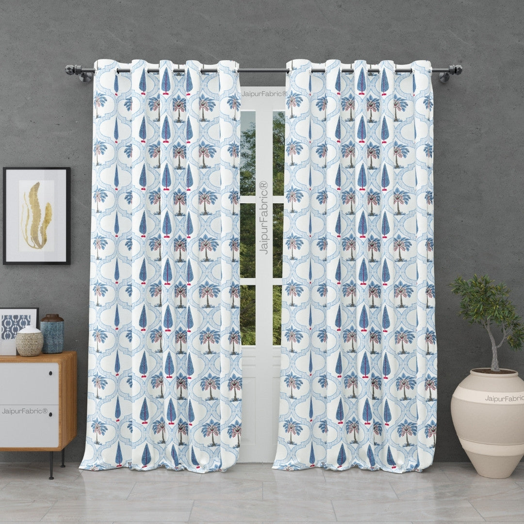 Jaipur Mela Hand Block Printed Blue Trees and Flowers Curtains (Pack of 2)