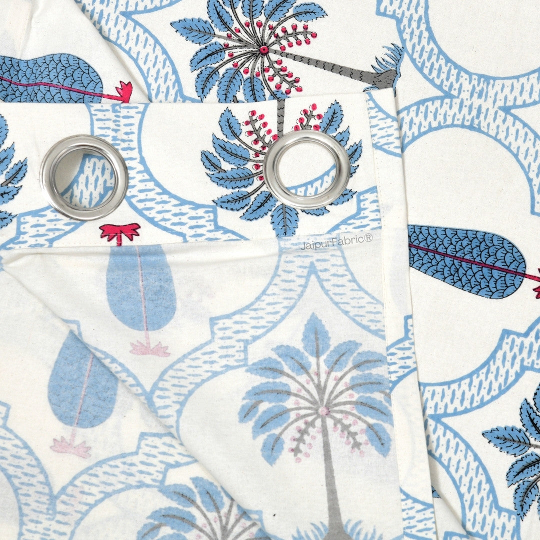 Jaipur Mela Hand Block Printed Blue Trees and Flowers Curtains (Pack of 2)