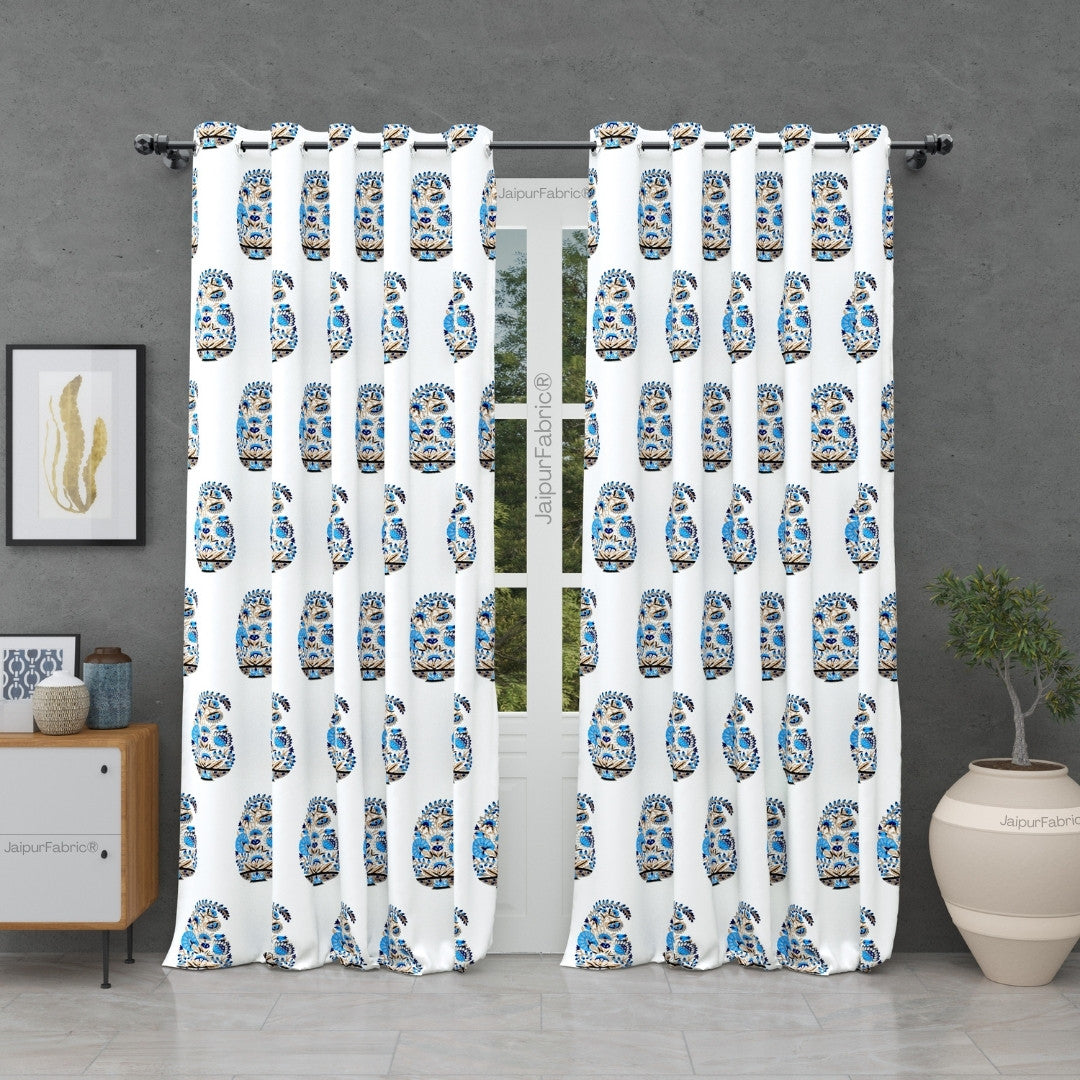 Floral Blue Indian Kairi Design Pinar Block Hand Block Printed Curtains (Pack of 2)