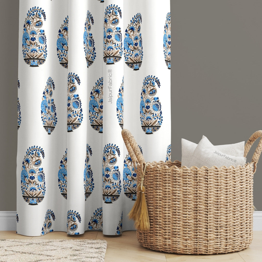 Floral Blue Indian Kairi Design Pinar Block Hand Block Printed Curtains (Pack of 2)