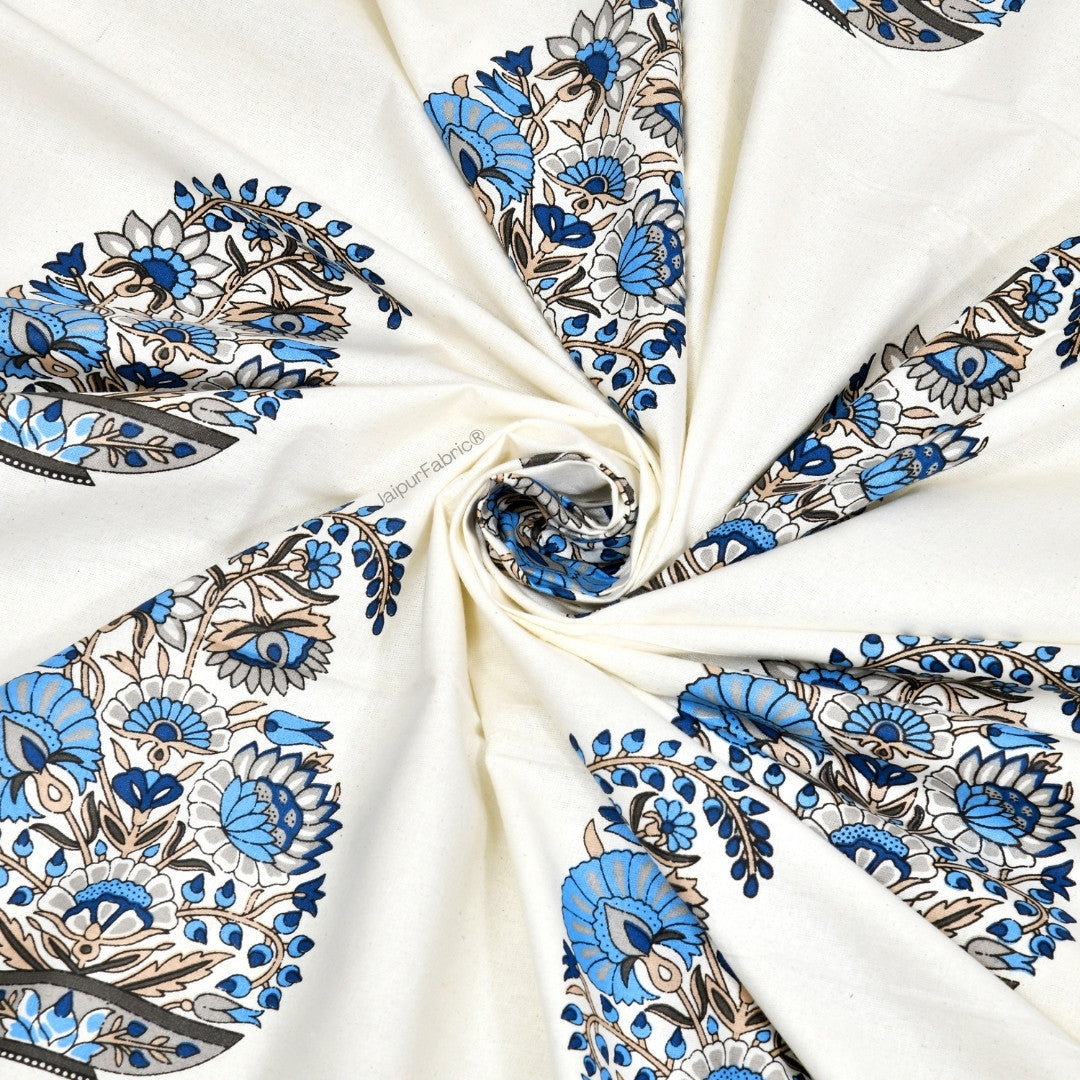 Floral Blue Indian Kairi Design Pinar Block Hand Block Printed Curtains (Pack of 2)