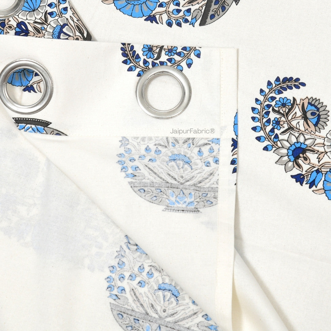 Floral Blue Indian Kairi Design Pinar Block Hand Block Printed Curtains (Pack of 2)