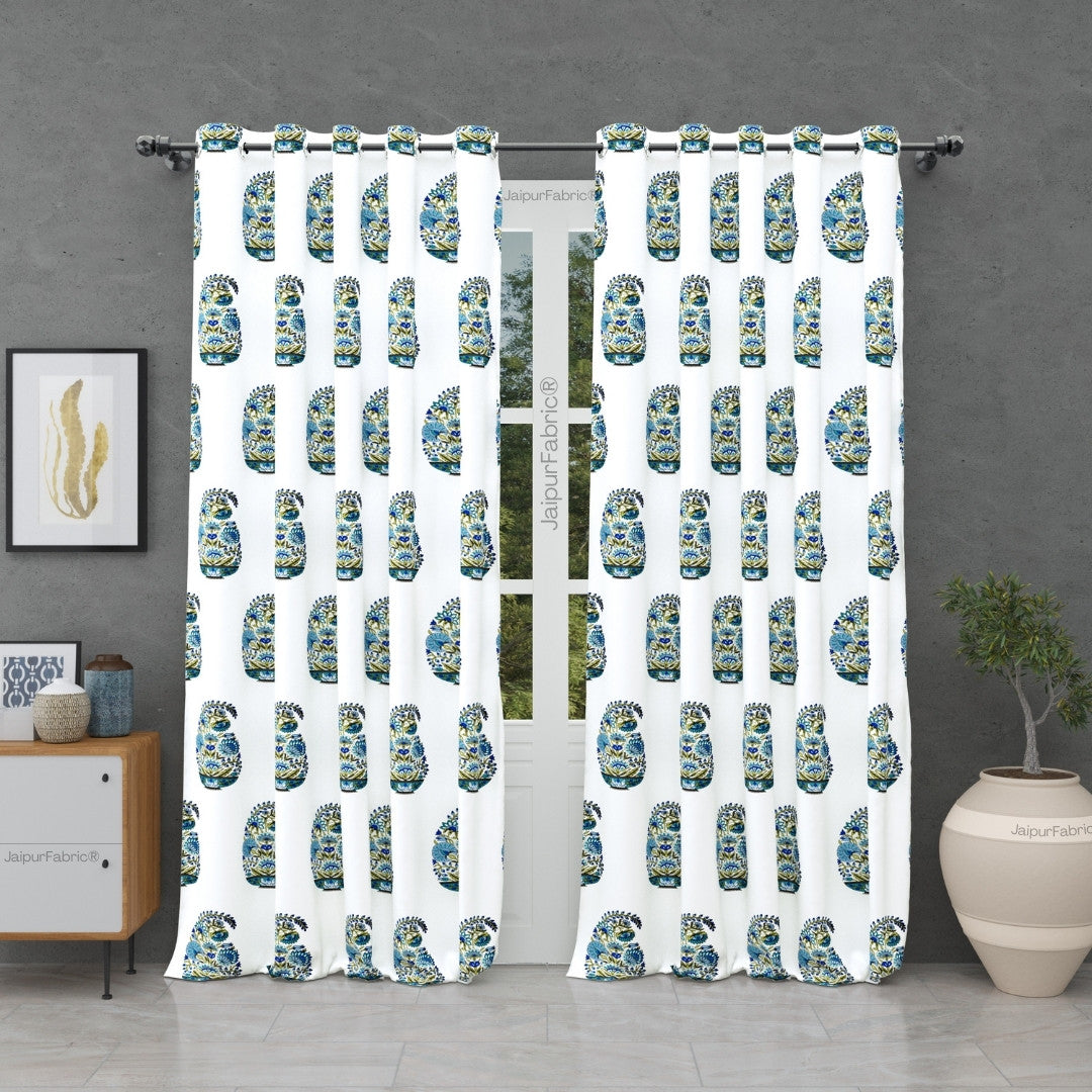 Padma Hand Block Floral Jaipuri Green Kairi Design Curtains Crafted in India (Pack of 2)