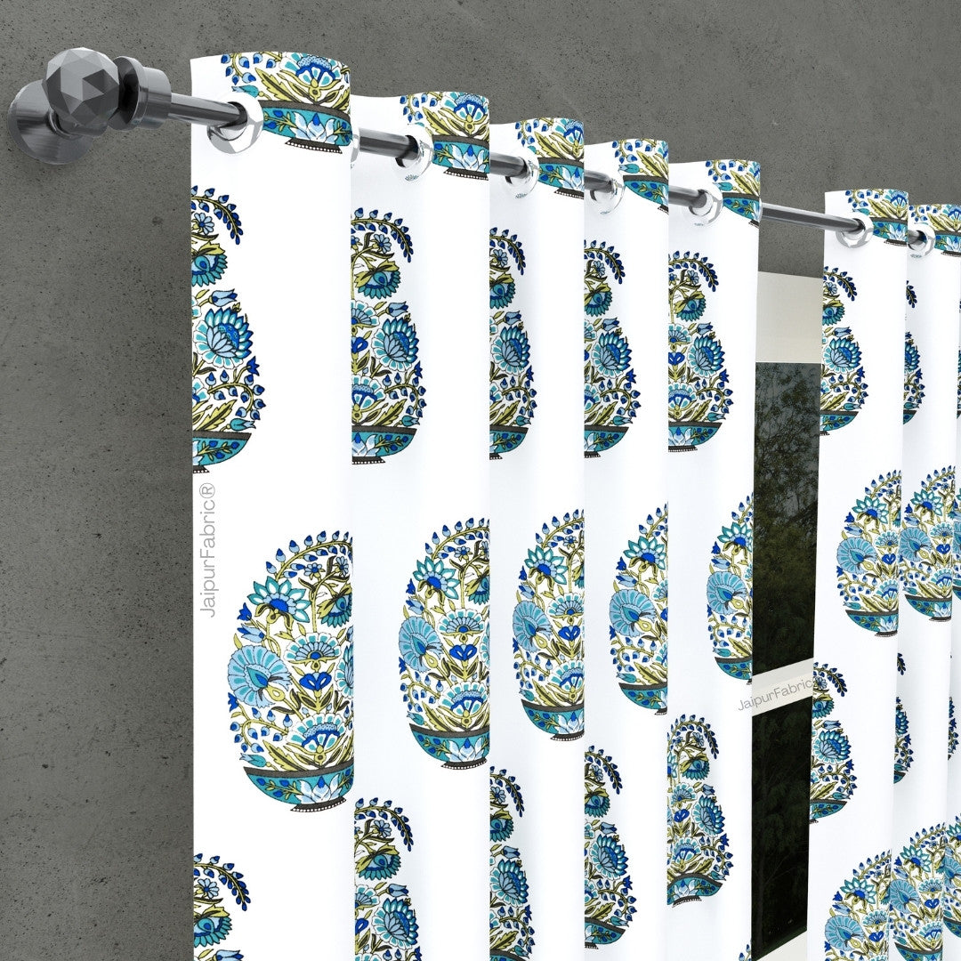 Padma Hand Block Floral Jaipuri Green Kairi Design Curtains Crafted in India (Pack of 2)