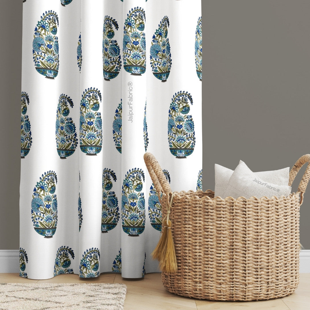 Padma Hand Block Floral Jaipuri Green Kairi Design Curtains Crafted in India (Pack of 2)