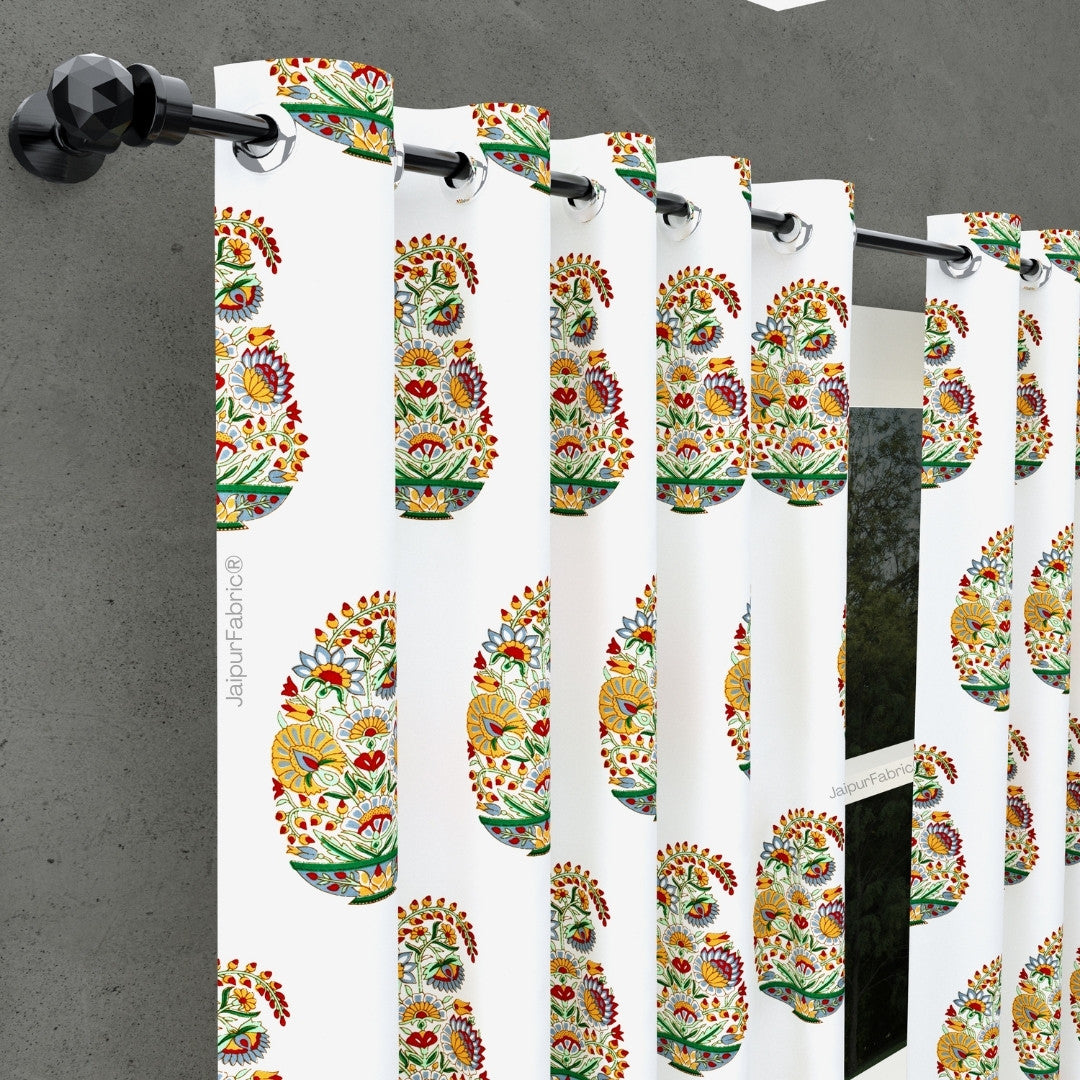 Hand Block Printed Curtains Floral Valley Bunai Pattern Indian Kairi Design Curtains (Pack of 2)