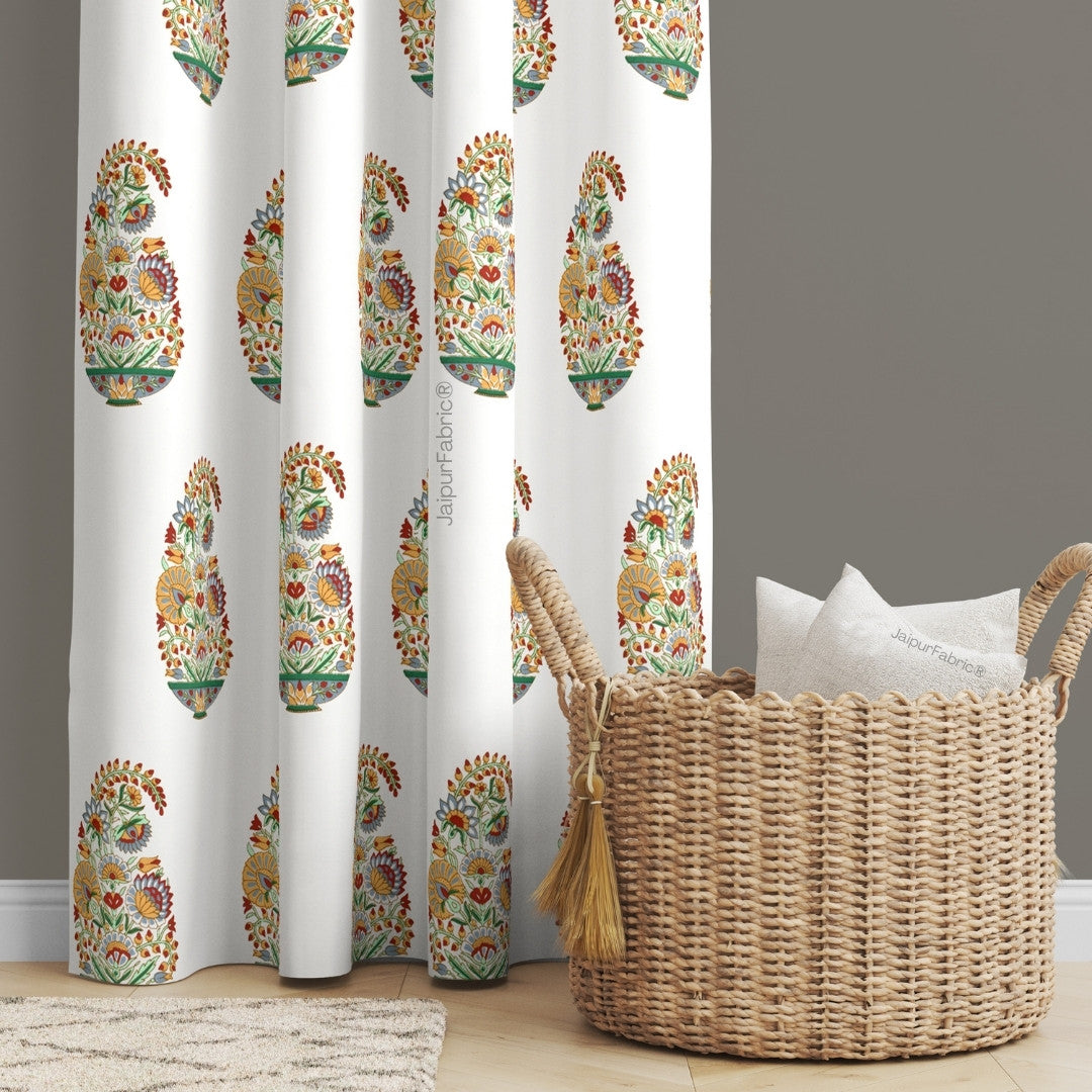Hand Block Printed Curtains Floral Valley Bunai Pattern Indian Kairi Design Curtains (Pack of 2)