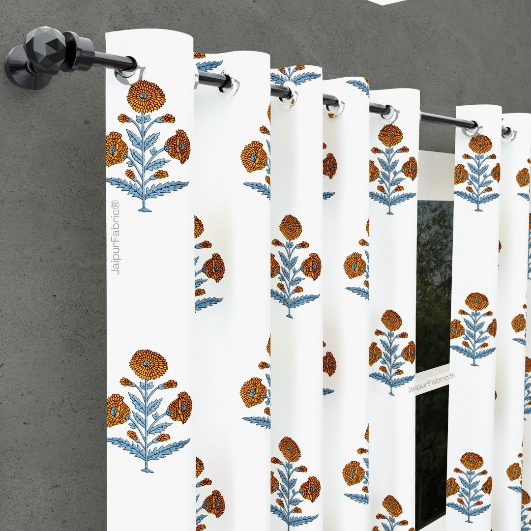 Classic Floral Boota Hand Block Printed Curtains with Marigold Flower and Grey Leaves (Pack of 2)