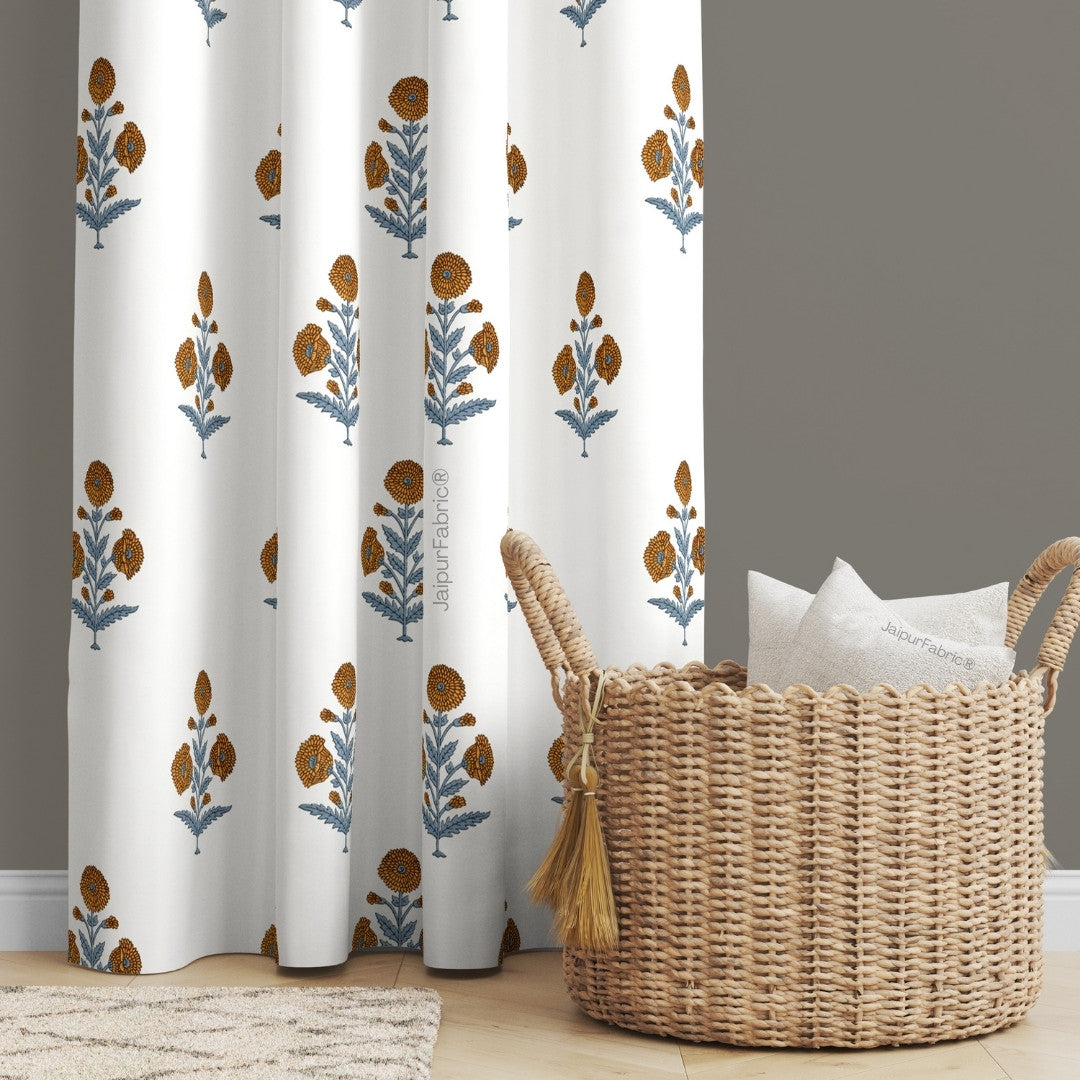 Classic Floral Boota Hand Block Printed Curtains with Marigold Flower and Grey Leaves (Pack of 2)
