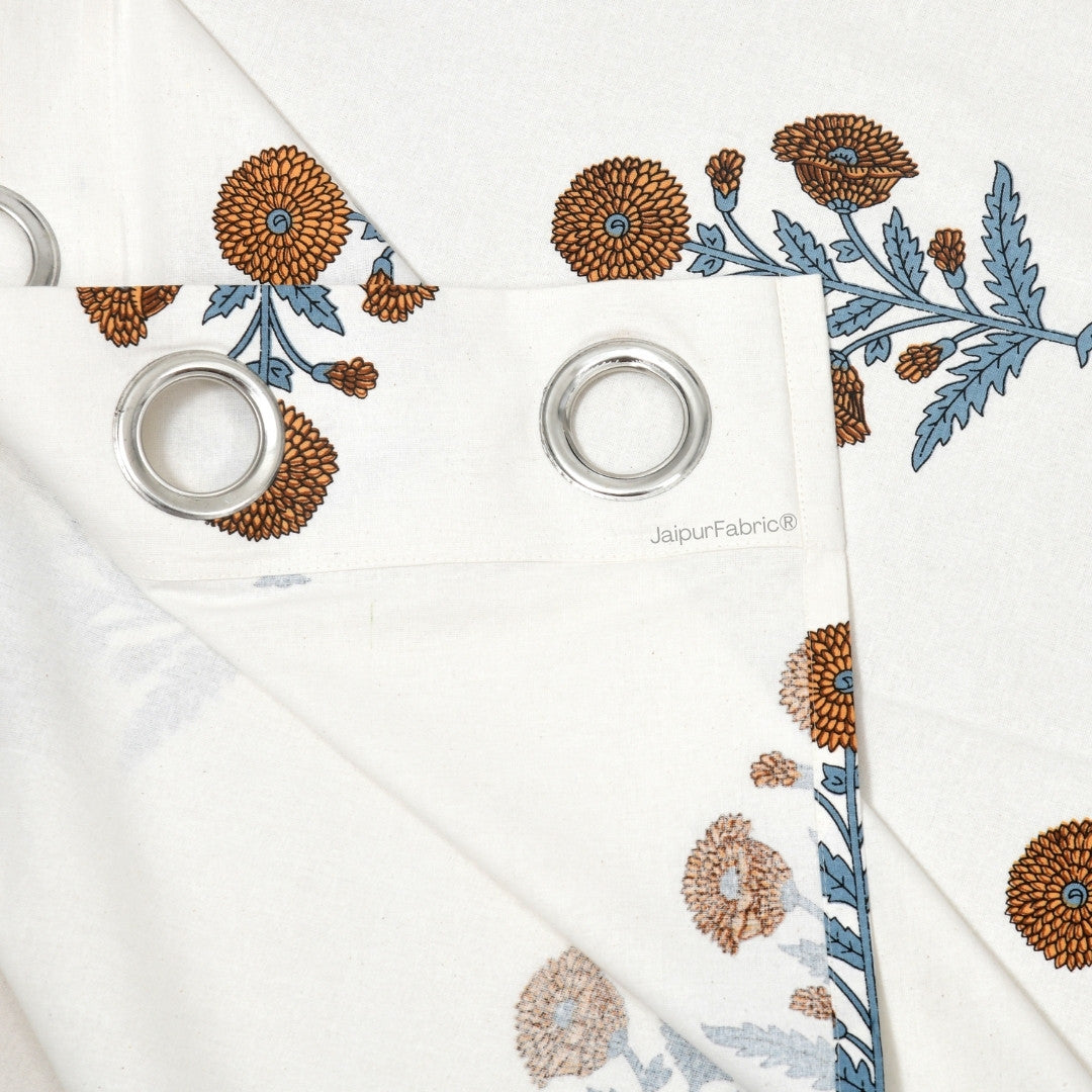 Classic Floral Boota Hand Block Printed Curtains with Marigold Flower and Grey Leaves (Pack of 2)