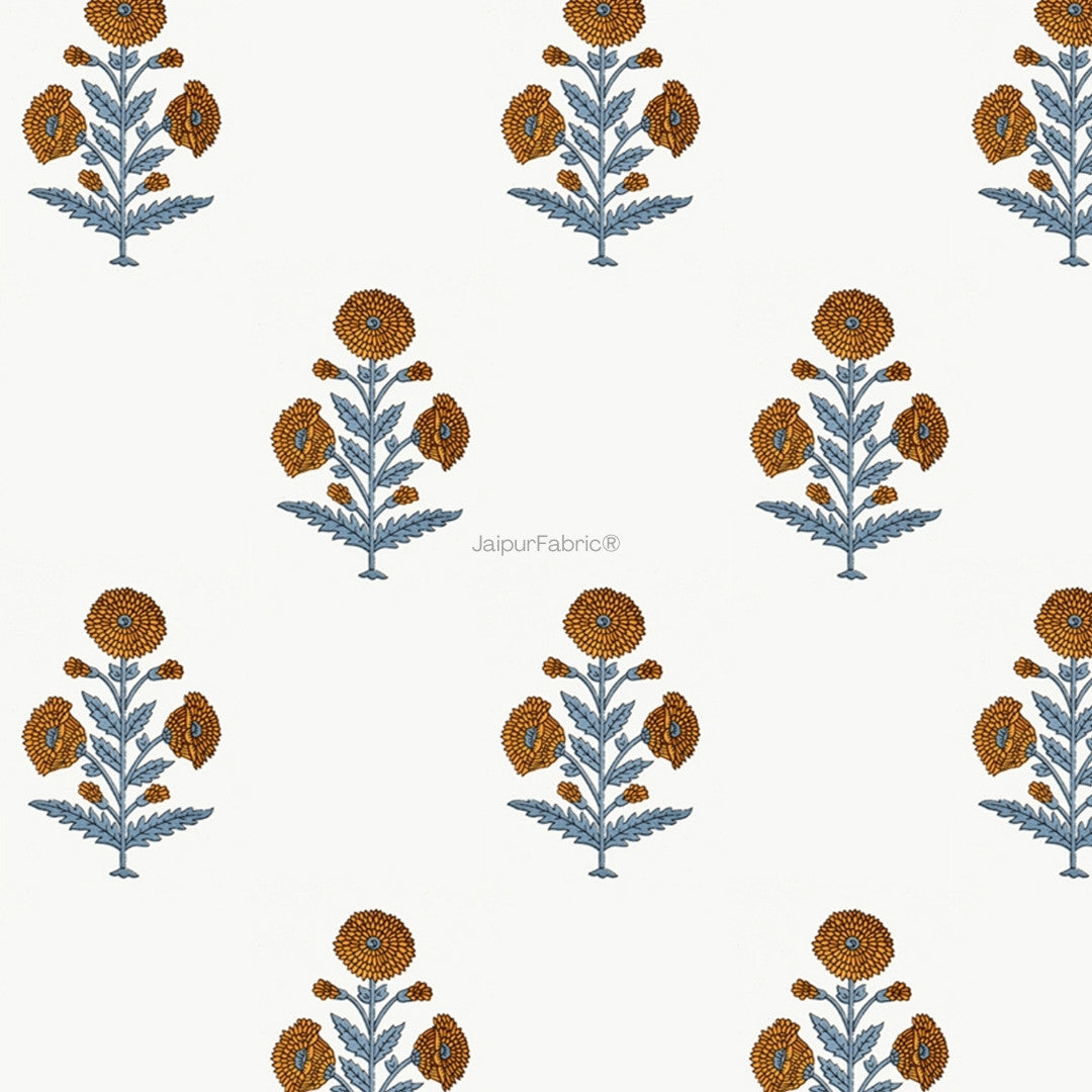 Classic Floral Boota Hand Block Printed Curtains with Marigold Flower and Grey Leaves (Pack of 2)