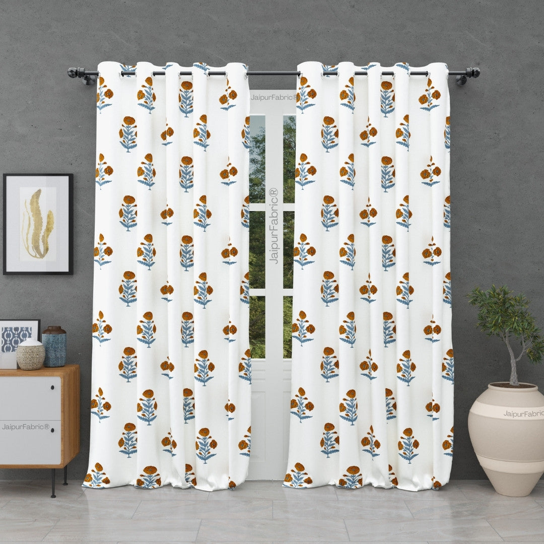 Classic Floral Boota Hand Block Printed Curtains with Marigold Flower and Grey Leaves (Pack of 2)