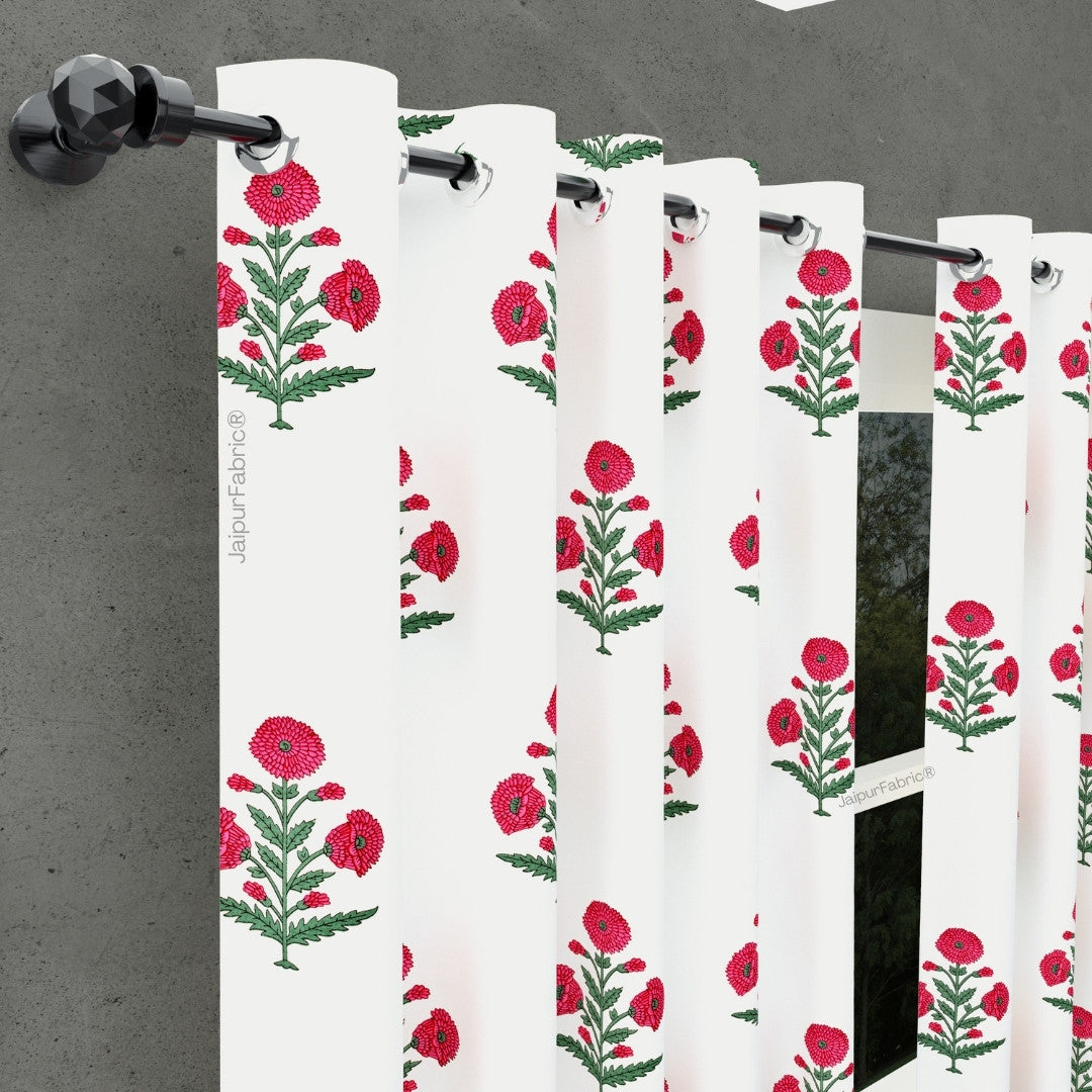 Ocean Enclave Handblock Red Flowers and Green Leaves Curtains (Pack of 2)