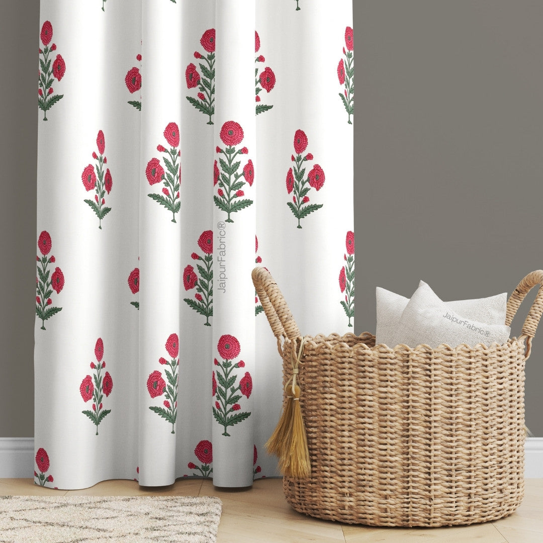 Ocean Enclave Handblock Red Flowers and Green Leaves Curtains (Pack of 2)