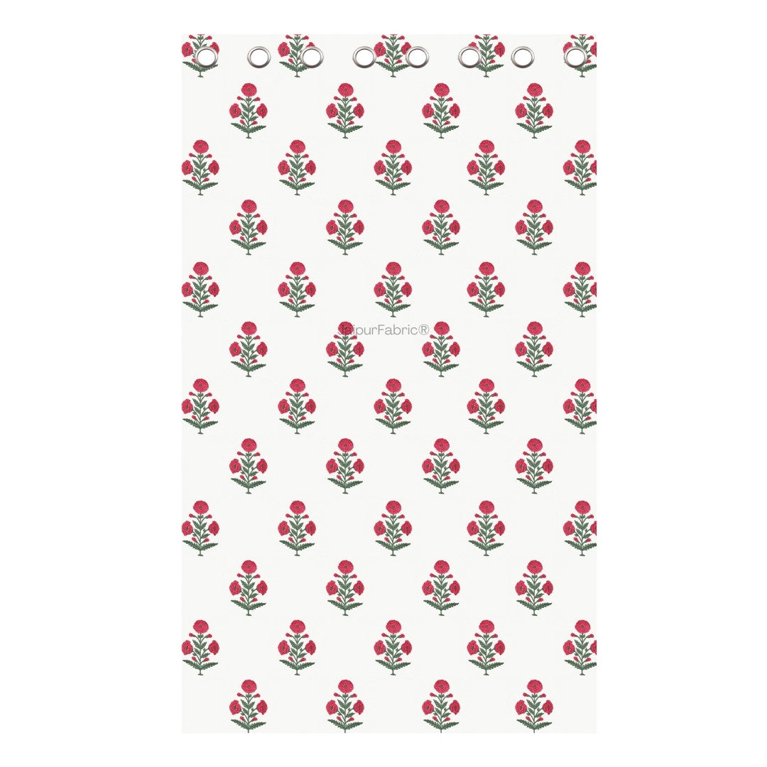 Ocean Enclave Handblock Red Flowers and Green Leaves Curtains (Pack of 2)