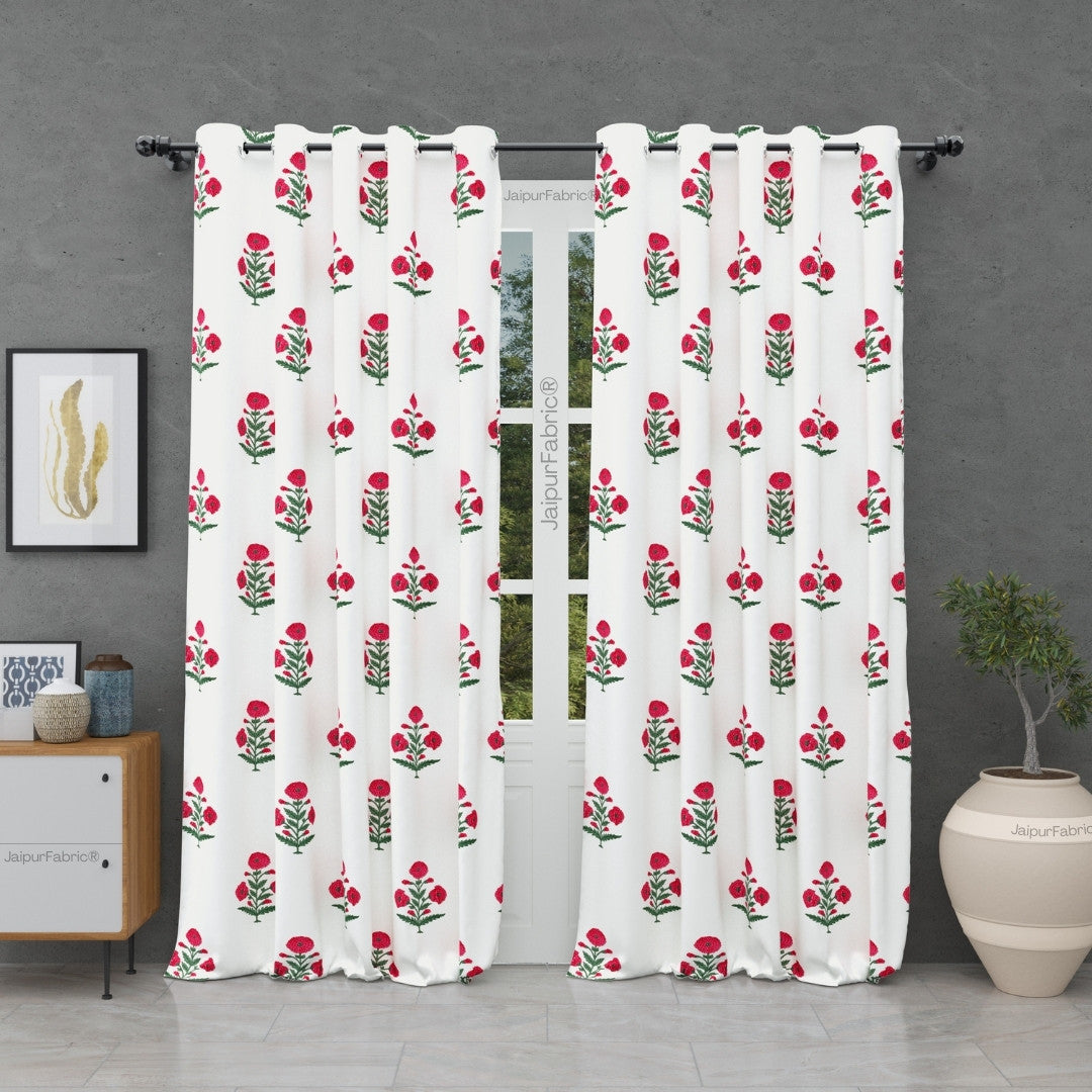 Ocean Enclave Handblock Red Flowers and Green Leaves Curtains (Pack of 2)