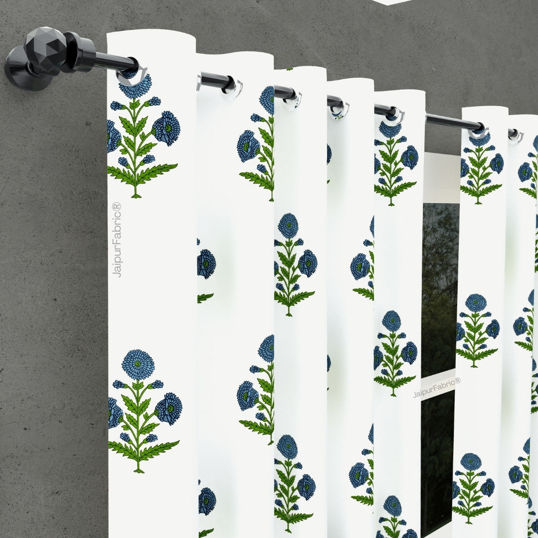 Jaipuri Aachho Hand Block Printed Curtains with Blue Floral Blocks (Pack of 2)