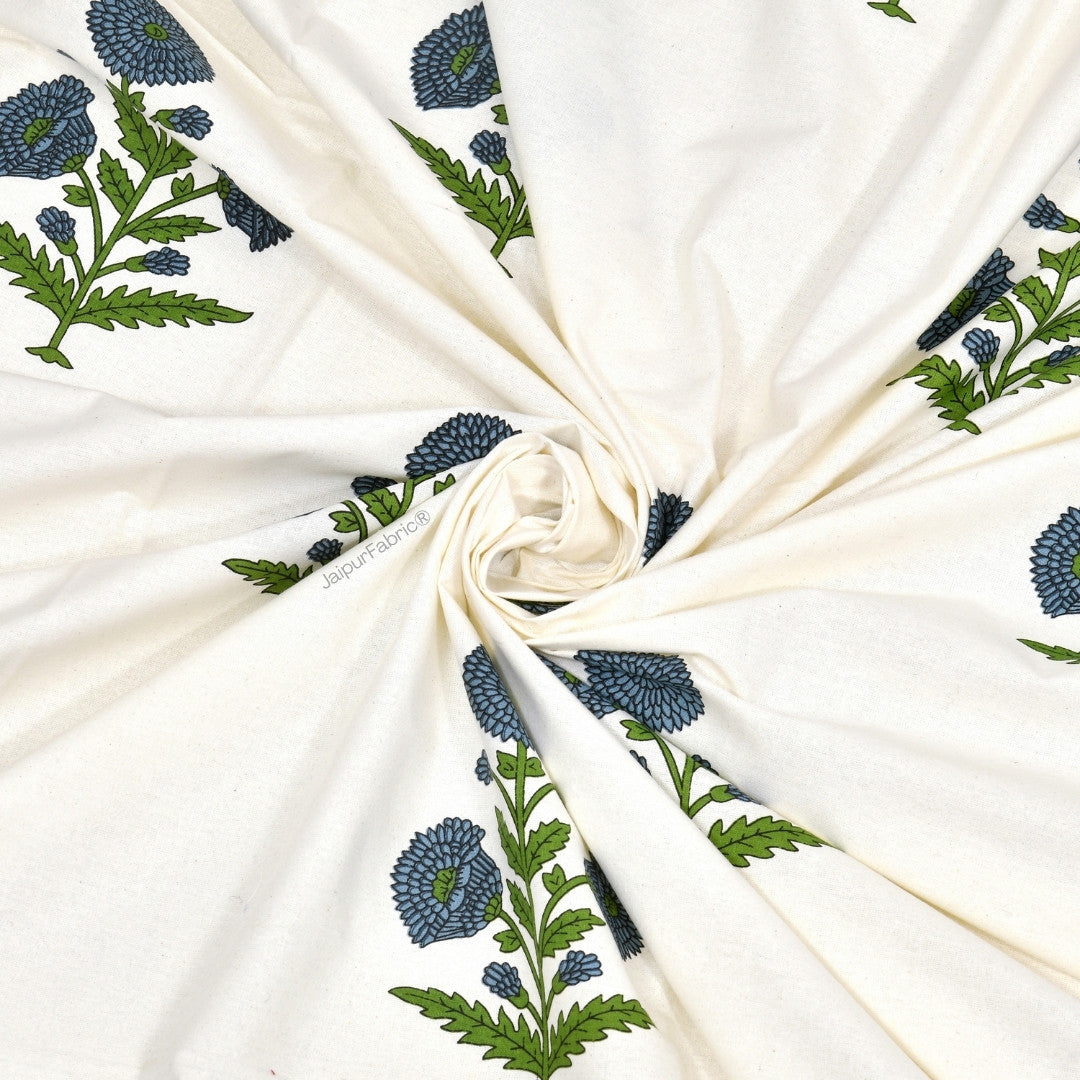 Jaipuri Aachho Hand Block Printed Curtains with Blue Floral Blocks (Pack of 2)