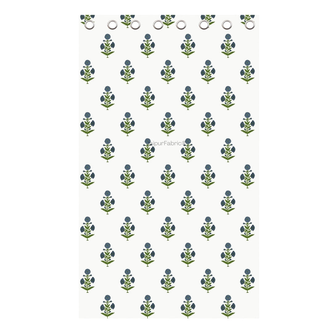 Jaipuri Aachho Hand Block Printed Curtains with Blue Floral Blocks (Pack of 2)