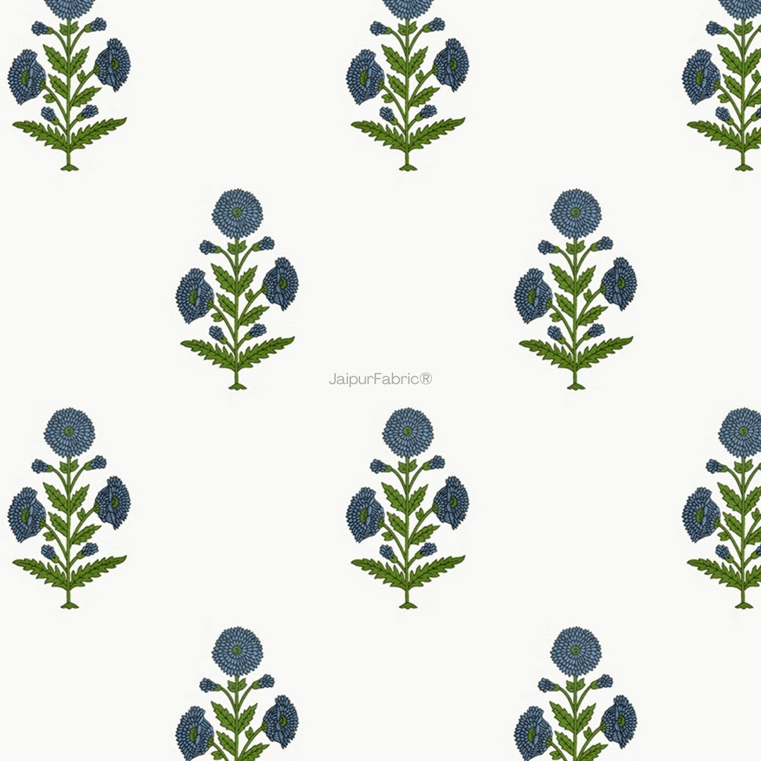 Jaipuri Aachho Hand Block Printed Curtains with Blue Floral Blocks (Pack of 2)