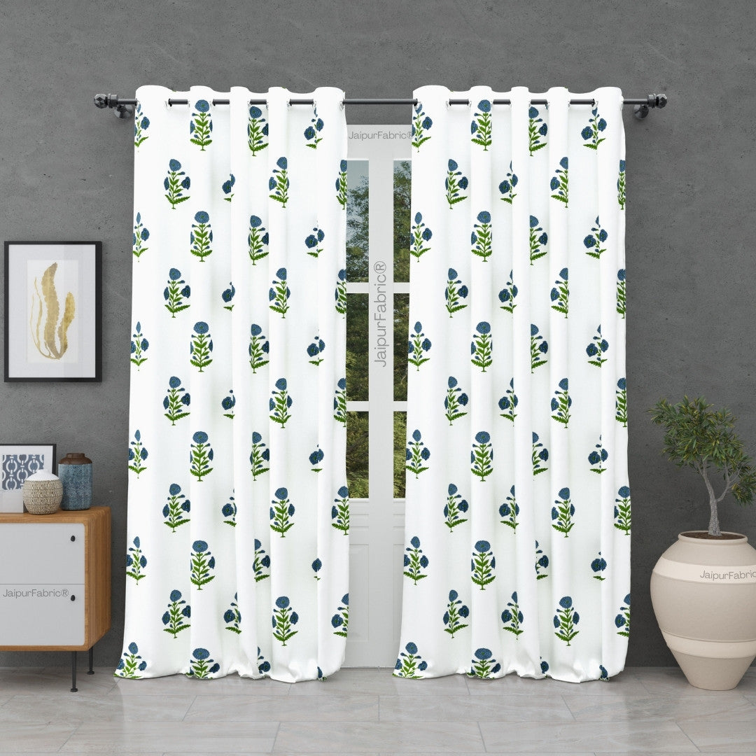 Jaipuri Aachho Hand Block Printed Curtains with Blue Floral Blocks (Pack of 2)