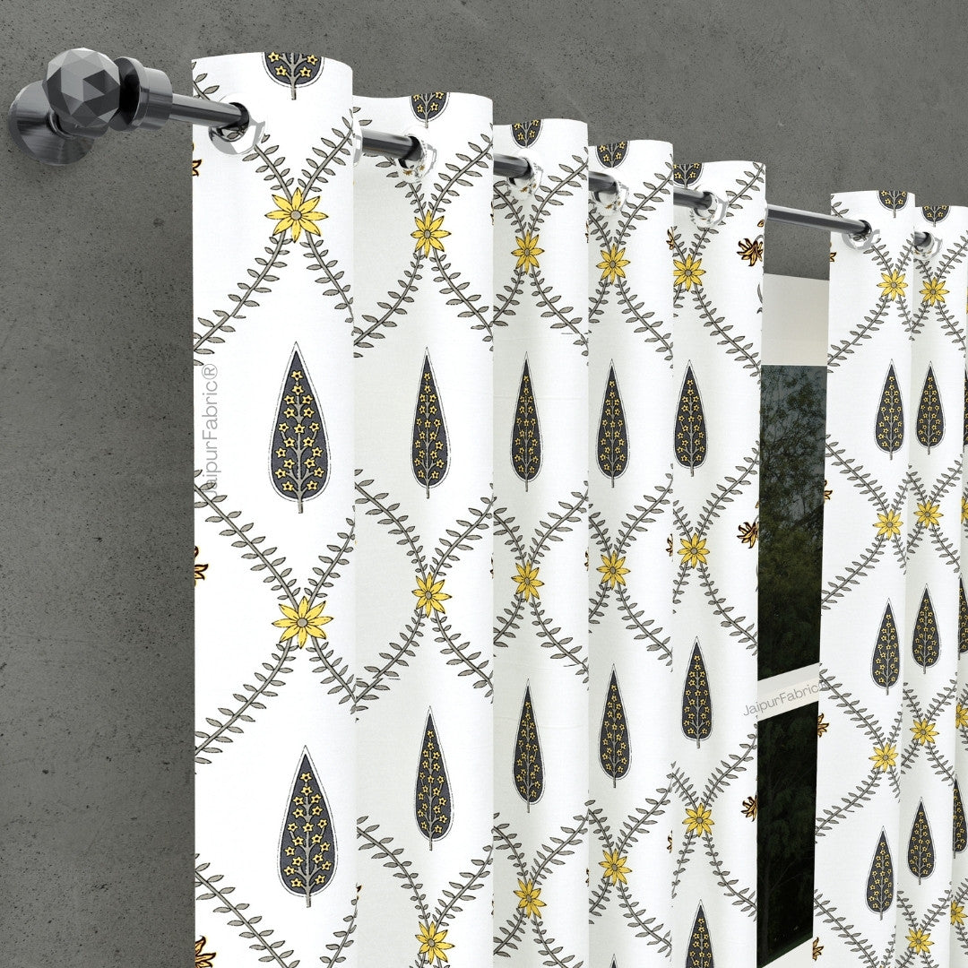 Beautiful Yellow & Grey Pookalam Floral Symphony Rihaa Handblock Printed Curtains (Pack of 2)