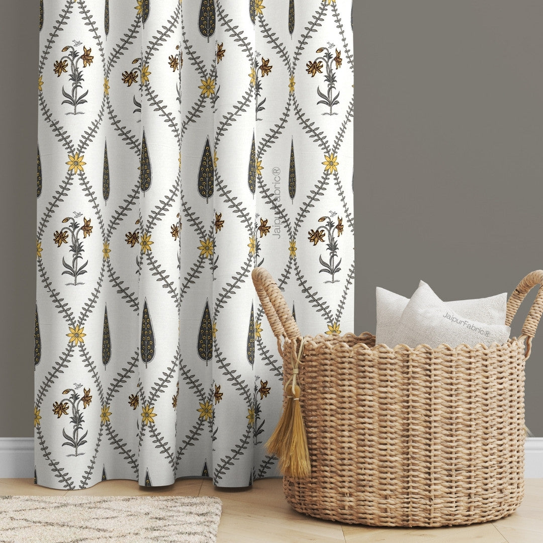 Beautiful Yellow & Grey Pookalam Floral Symphony Rihaa Handblock Printed Curtains (Pack of 2)