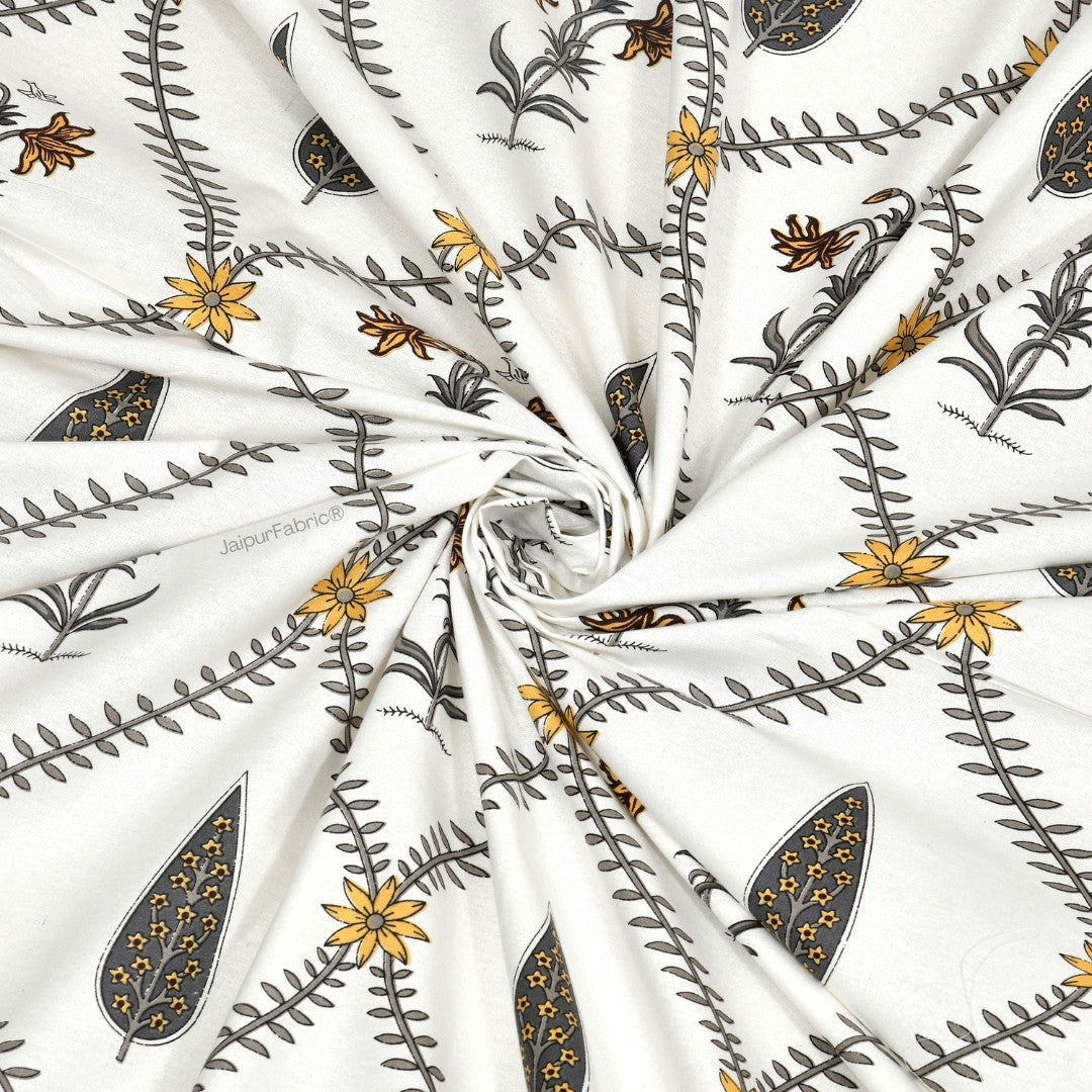 Beautiful Yellow & Grey Pookalam Floral Symphony Rihaa Handblock Printed Curtains (Pack of 2)