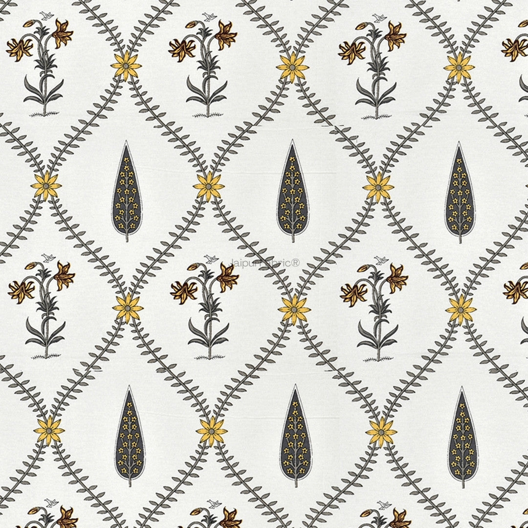 Beautiful Yellow & Grey Pookalam Floral Symphony Rihaa Handblock Printed Curtains (Pack of 2)