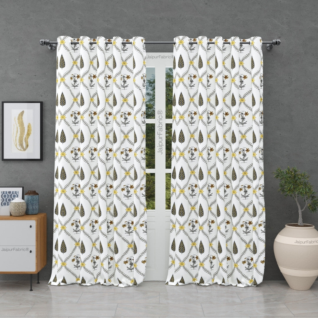 Beautiful Yellow & Grey Pookalam Floral Symphony Rihaa Handblock Printed Curtains (Pack of 2)