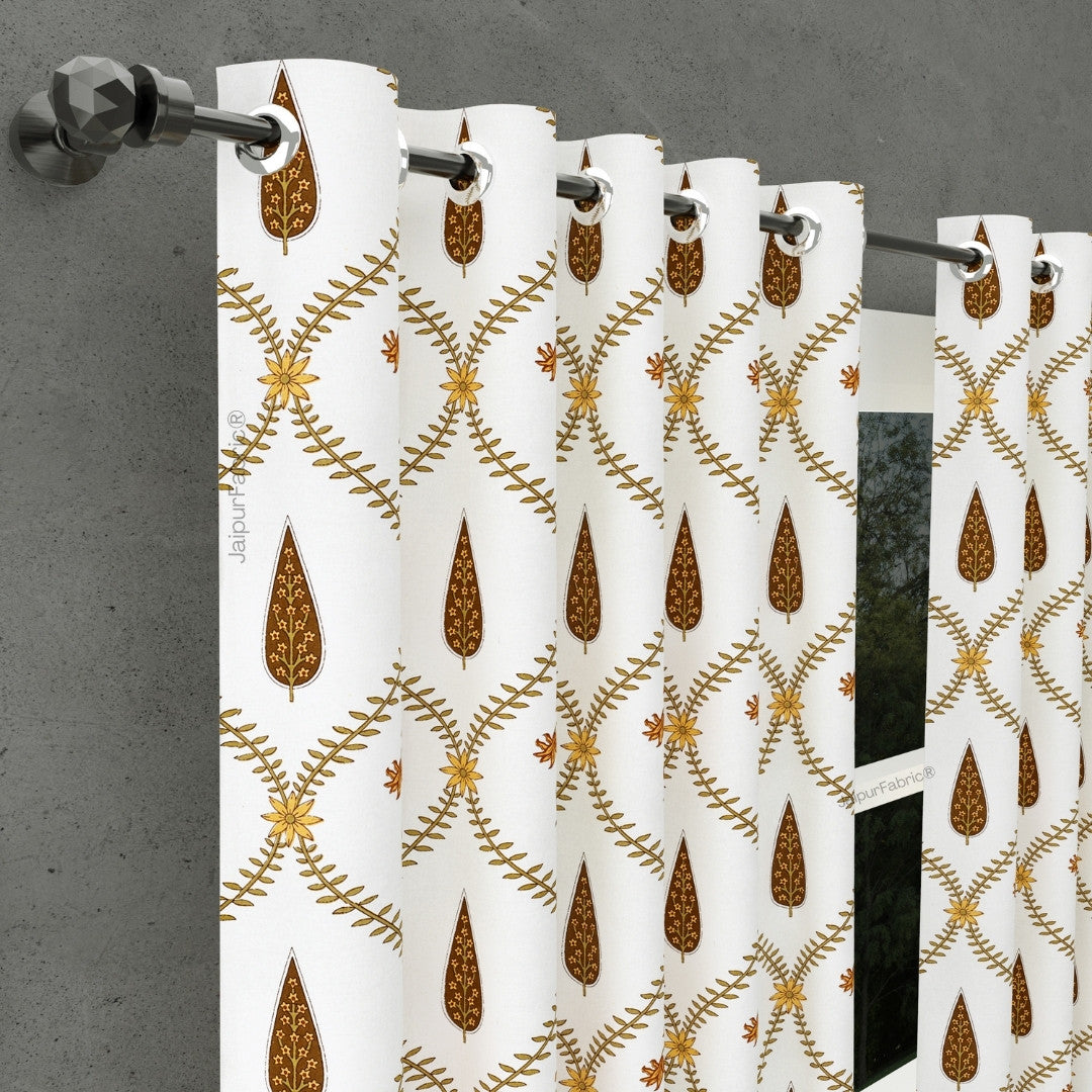 Pinklay Golden Bloom Heritage Curtains with Yellow & Brown Floral Block Prints (Pack of 2)