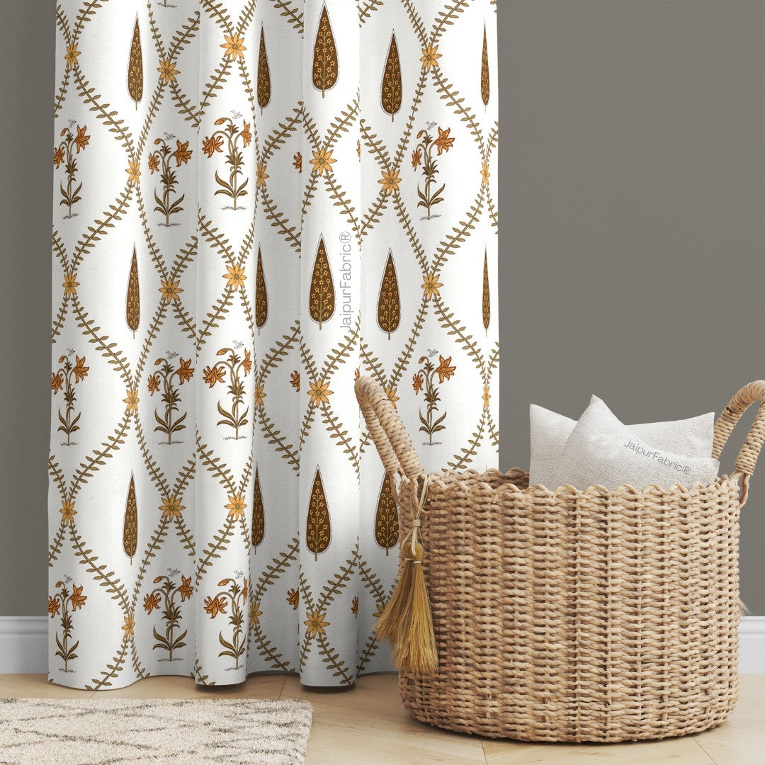 Pinklay Golden Bloom Heritage Curtains with Yellow & Brown Floral Block Prints (Pack of 2)