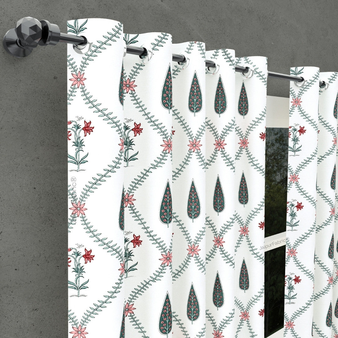 Madhuban Handblock Curtains Pink Flowers and Green Leaves (Pack of 2)
