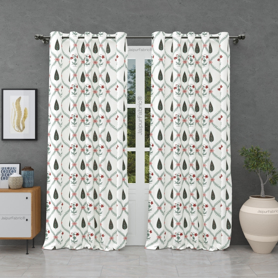 Madhuban Handblock Curtains Pink Flowers and Green Leaves (Pack of 2)