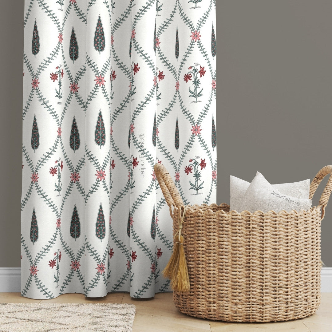 Madhuban Handblock Curtains Pink Flowers and Green Leaves (Pack of 2)