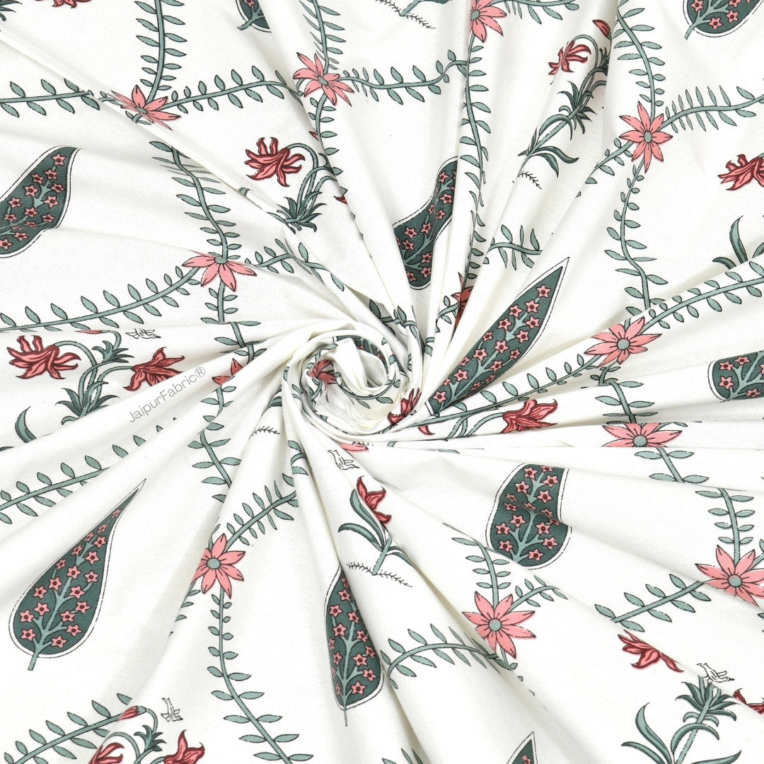 Madhuban Handblock Curtains Pink Flowers and Green Leaves (Pack of 2)