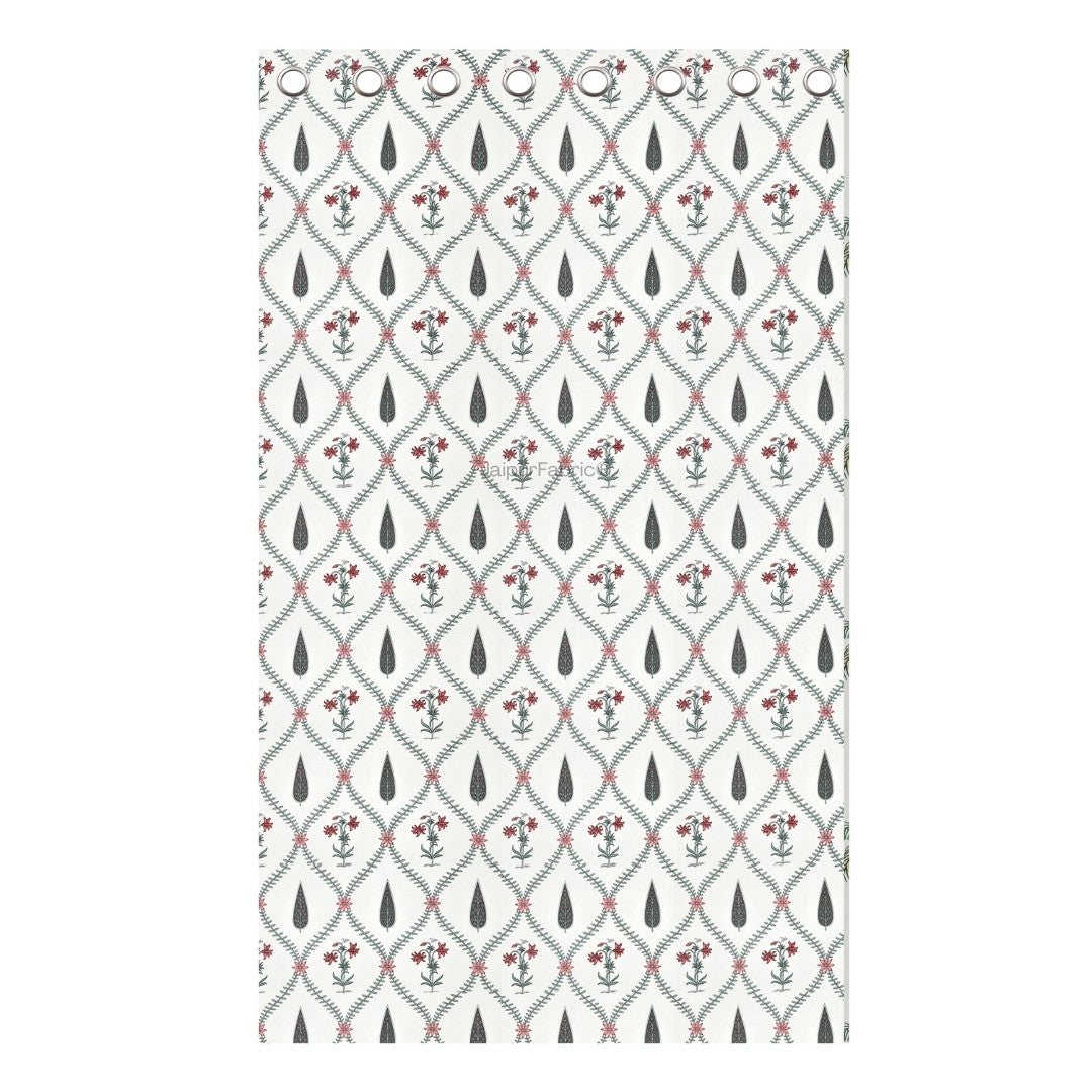 Madhuban Handblock Curtains Pink Flowers and Green Leaves (Pack of 2)