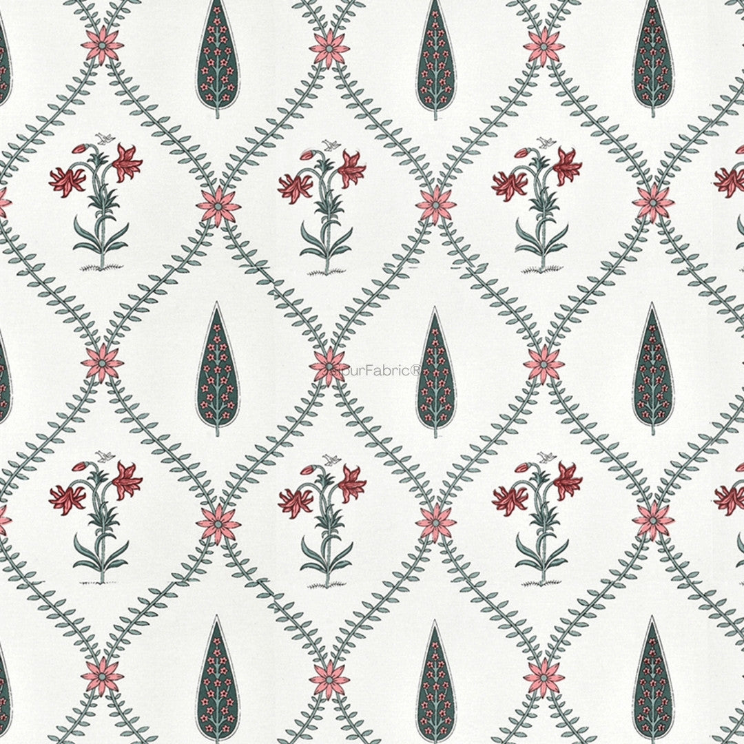 Madhuban Handblock Curtains Pink Flowers and Green Leaves (Pack of 2)