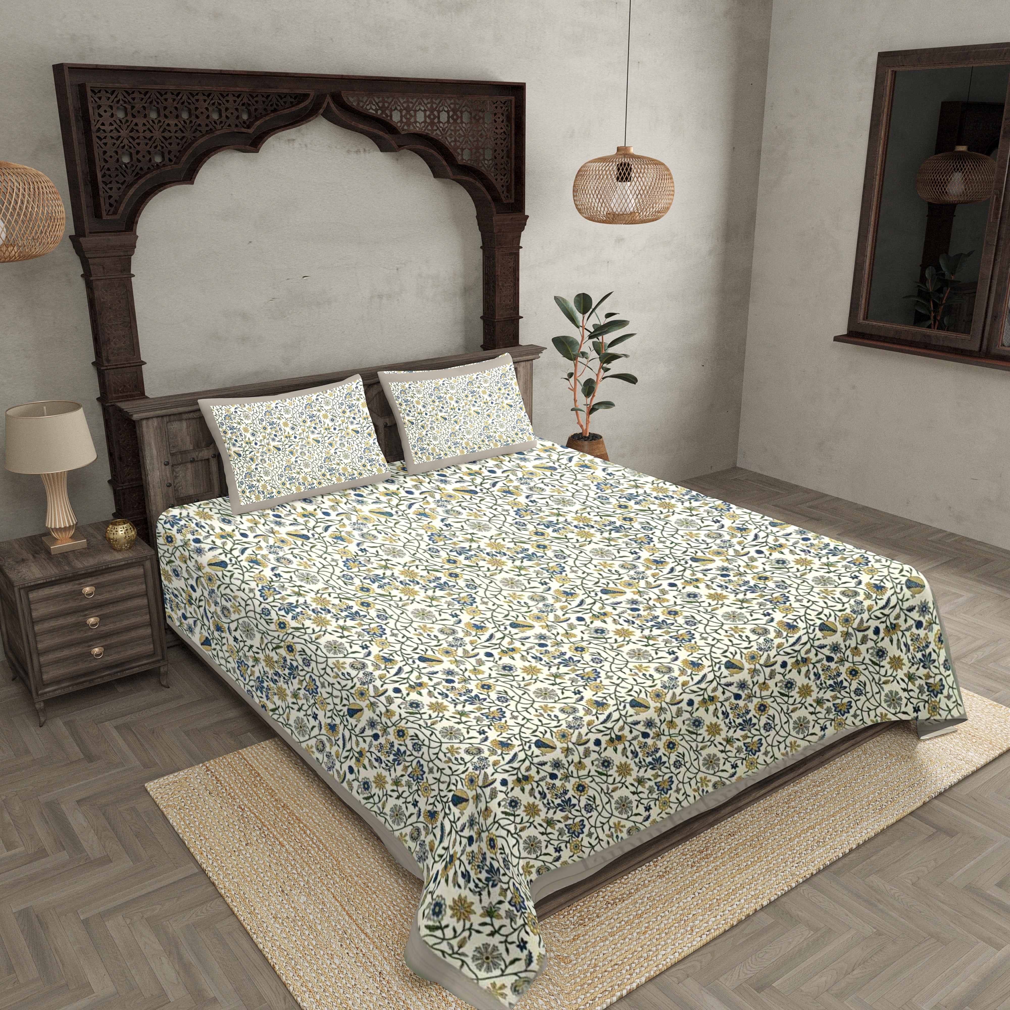 Double bedsheet with Grey Border Branch of Pomegranate With Two Pillow Cover